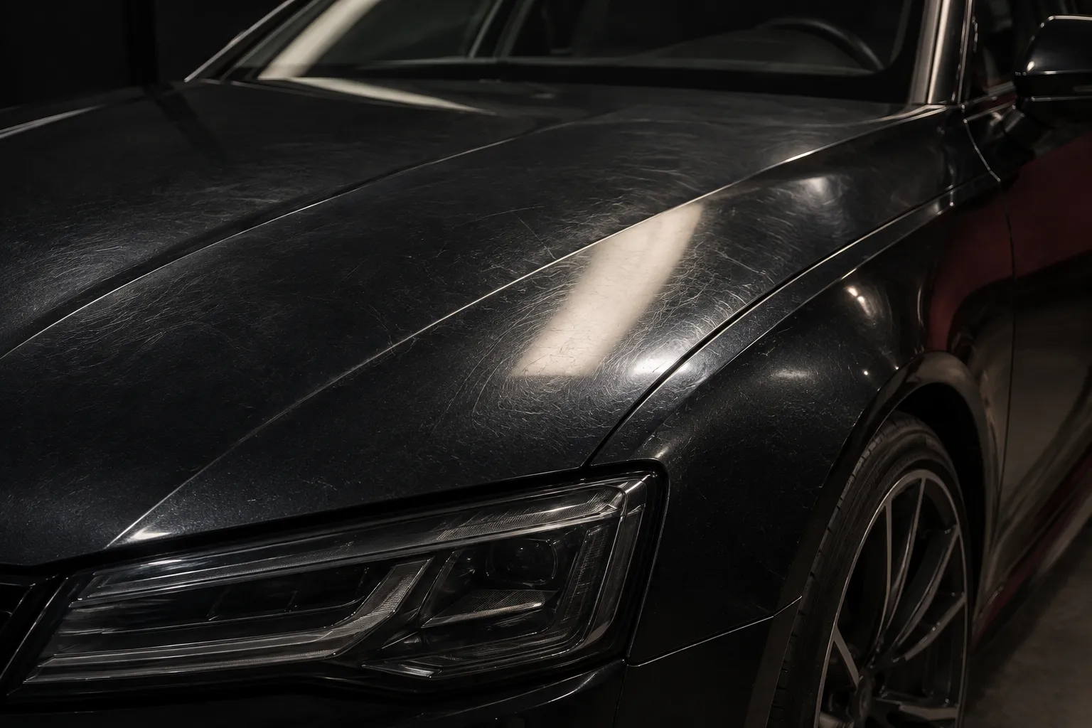 Paint before correction, showing surface haze and swirl marks